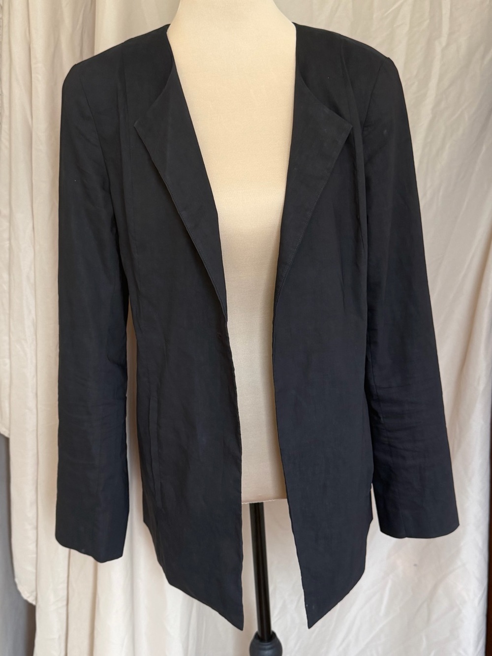 Eileen Fisher Black Organic Linen Blazer S/P Petite Shoulder Pads
